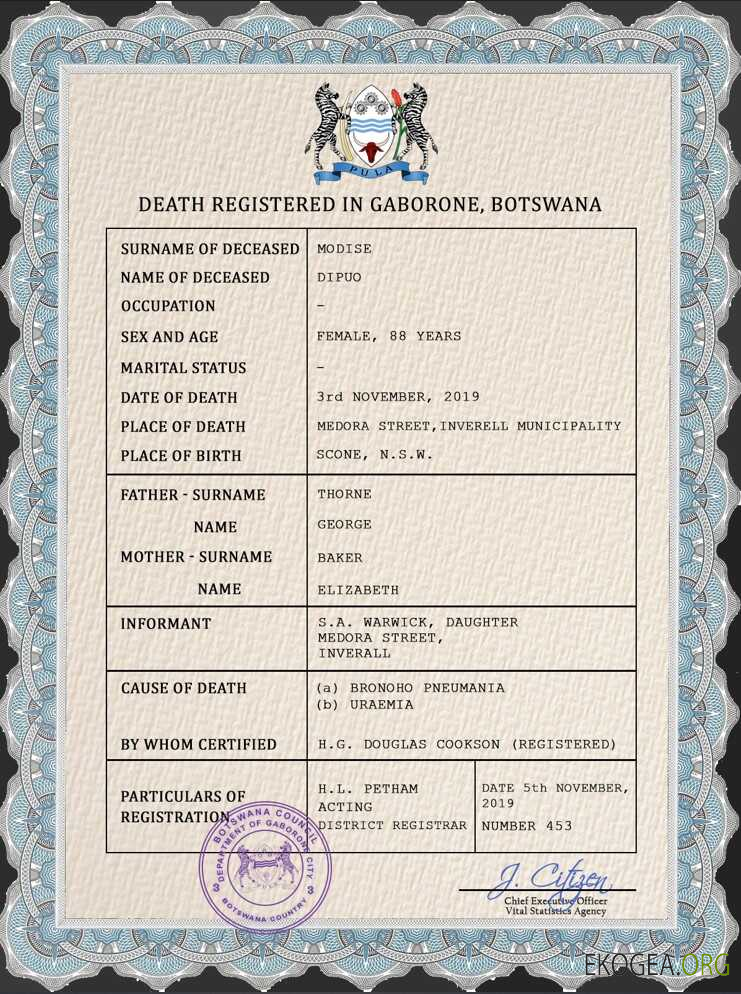 Modèle PSD de certificat de décès de l'état civil du Botswana